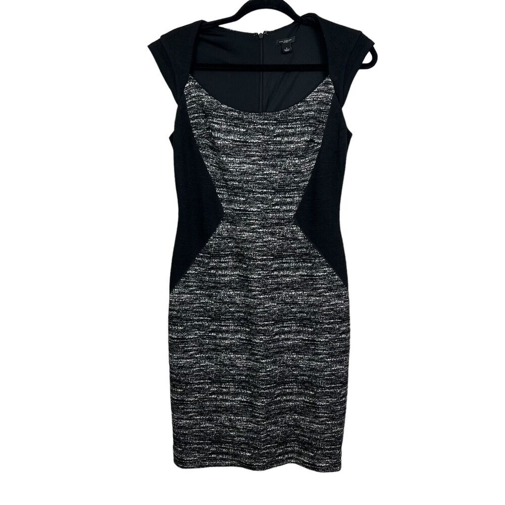 Ann Taylor Womens Sheath Dress Scoop Neck Cap Sleeve Zip Black White Size 4*